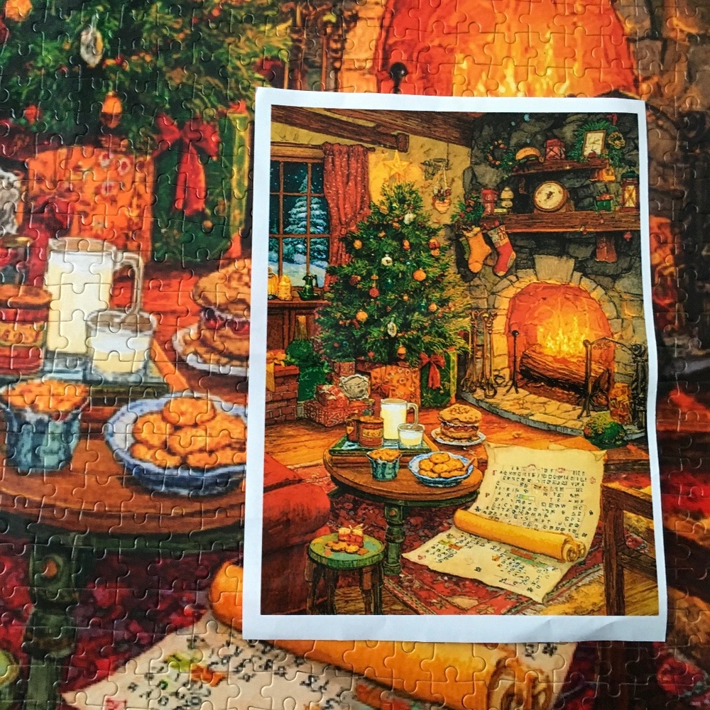 1000-piece jigsaw puzzle: Christmas theme with wooden pieces and poster - Picture 3 of 4